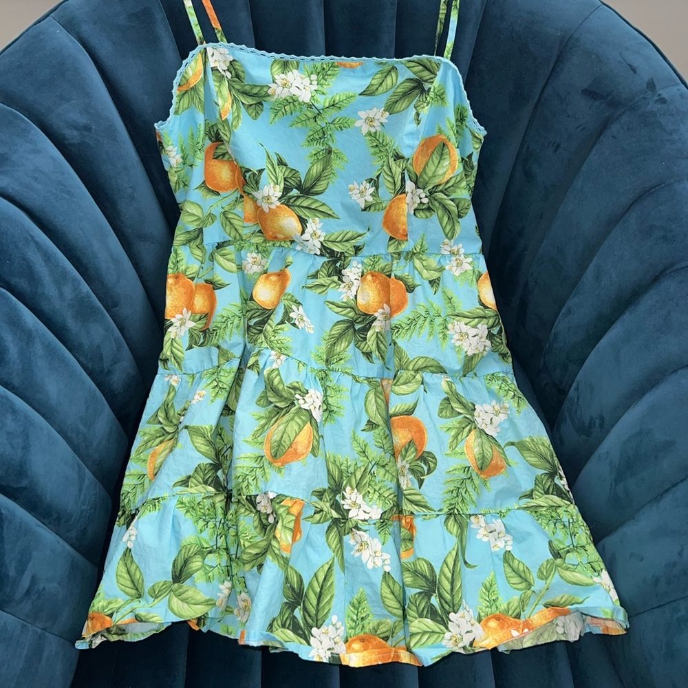 BB Dakota Summer Orchard Lemon Print Square Neck poplin A-line mini dress